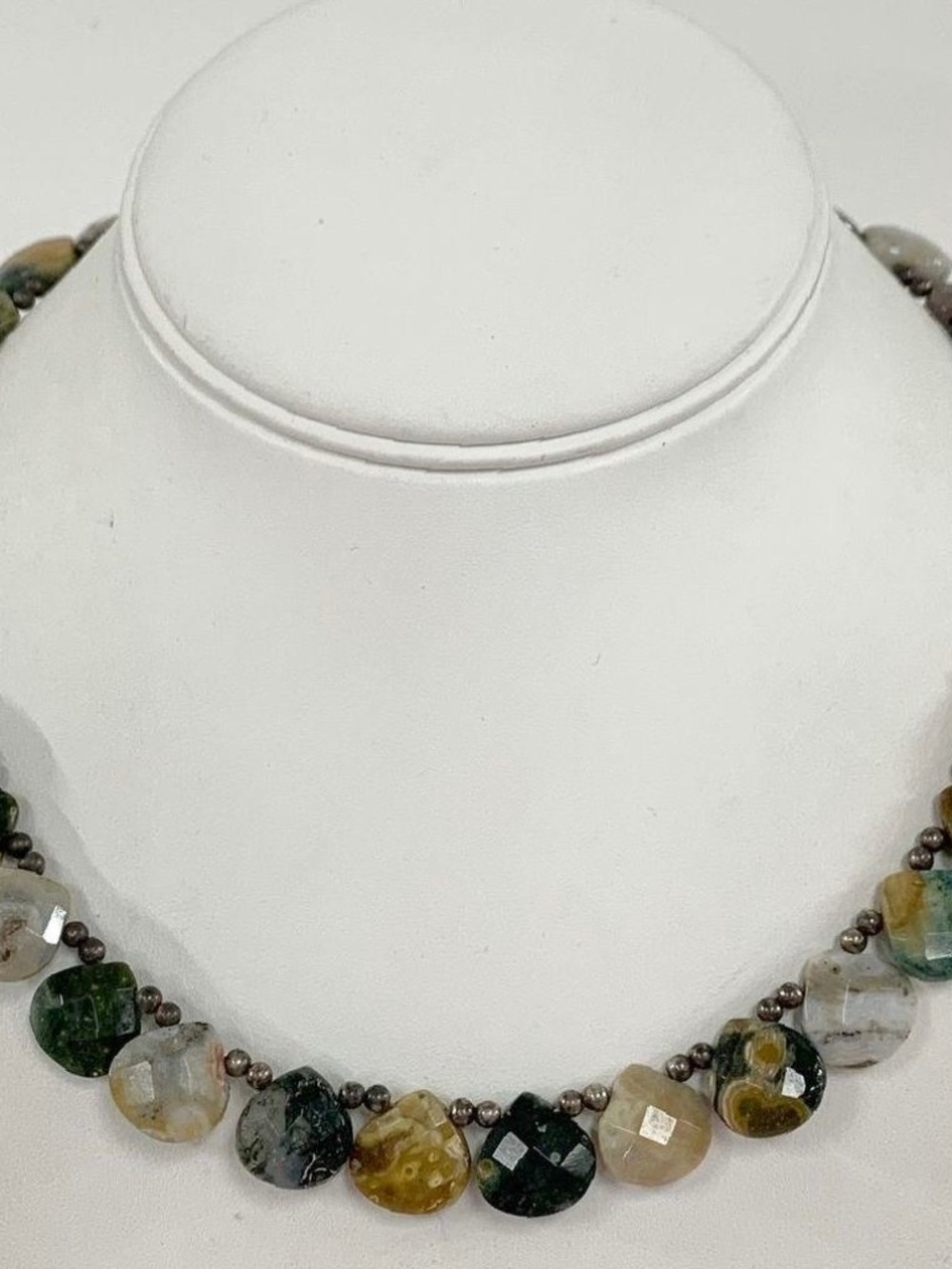 925 Silver 17.5" Jasper & Agate Ball Bead Tear Drop Necklace 44g